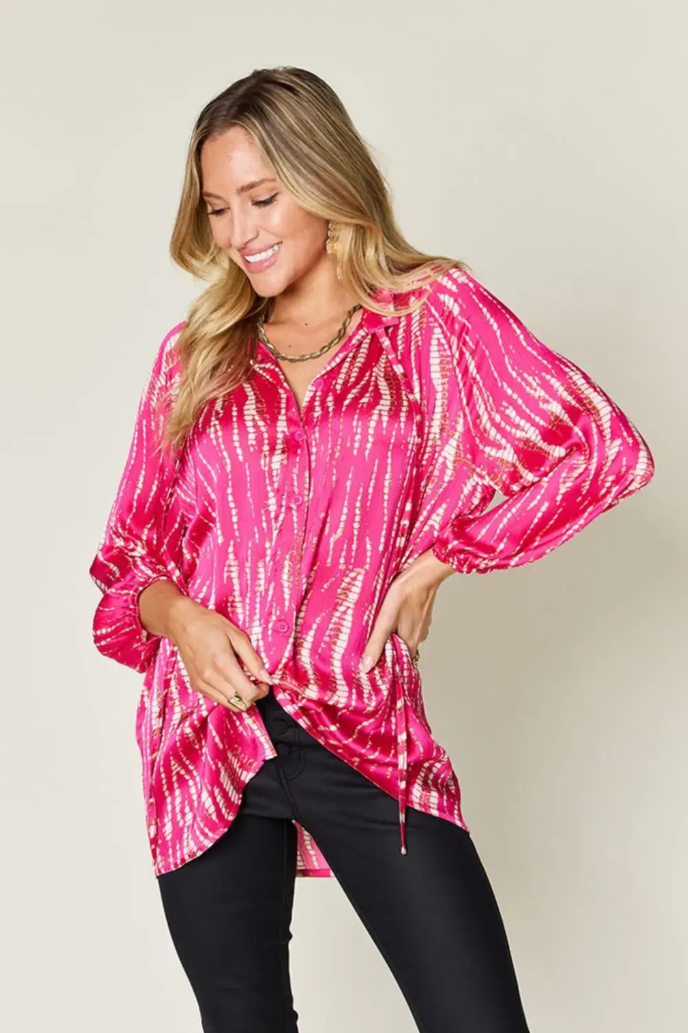 Pink tie-dye long sleeve shirt with drawstring hem, size printed button up blouse