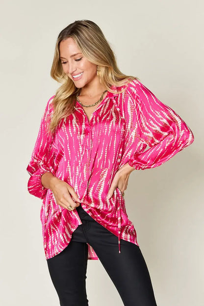 Pink tie-dye long sleeve shirt with drawstring hem, size printed button up blouse