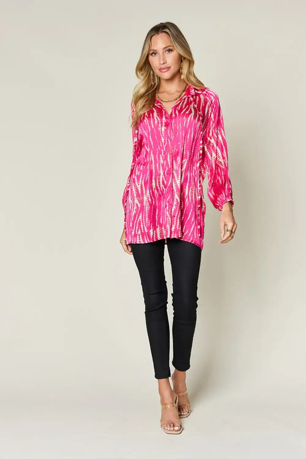 Pink tie-dye long sleeve shirt with printed button-down front from Double Take collection