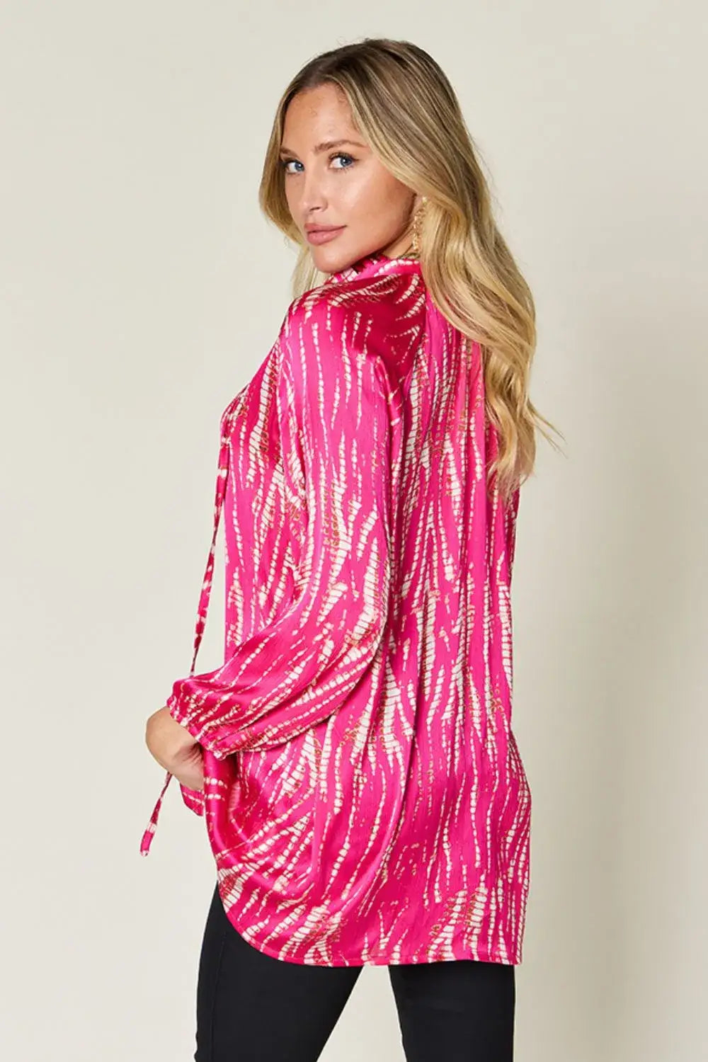 Pink tie-dye long sleeve shirt with drawstring hem from Double Take size printed button collection