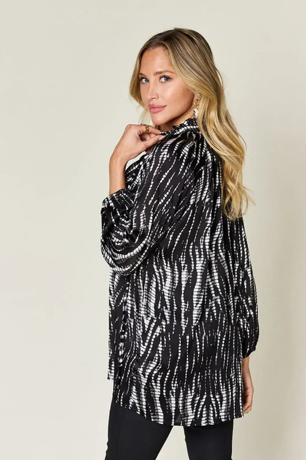 Zebra print oversized long sleeve shirt with textured fabric and size printed button details