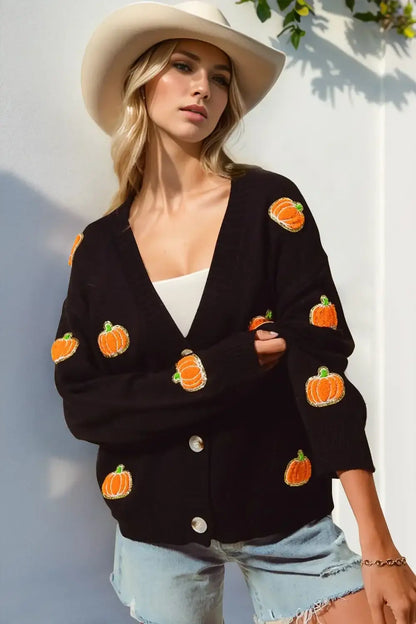 Double Take Full Size Pumpkin Button Up Long Sleeve Cardigan - Black / S/M - Apparel & Accessories > Clothing > Shirts