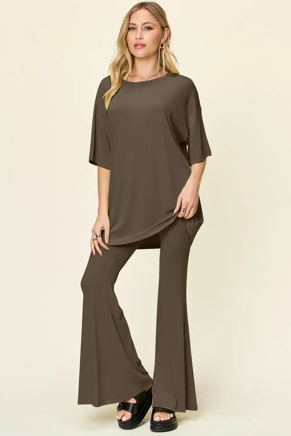 Double Take Full Size Round Neck Drop Shoulder T-Shirt and Flare Pants Set - Mocha / S