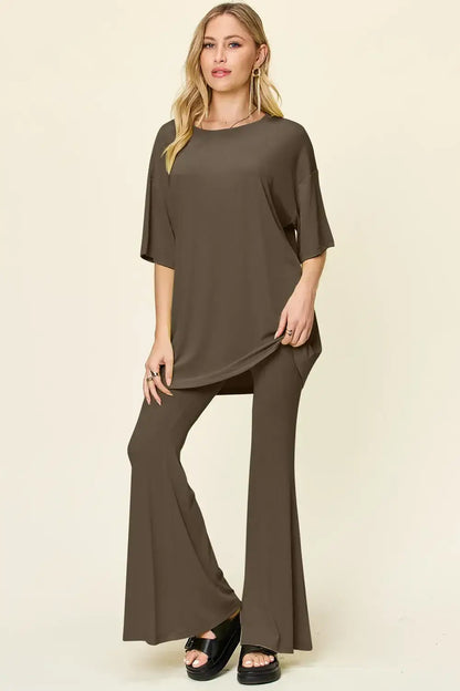Double Take Full Size Round Neck Drop Shoulder T-Shirt and Flare Pants Set - Mocha / S
