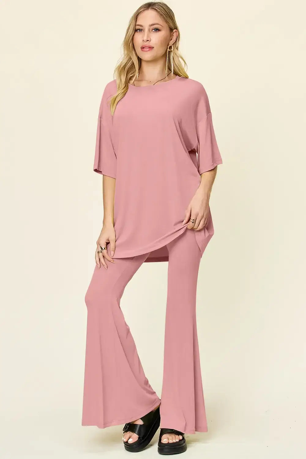 Double Take Full Size Round Neck Drop Shoulder T-Shirt and Flare Pants Set - Dusty Pink / S