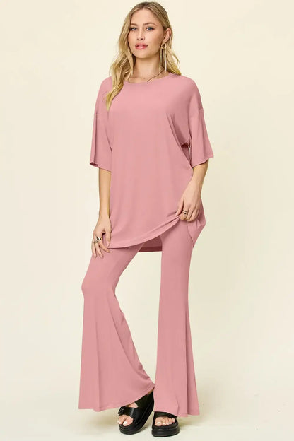 Double Take Full Size Round Neck Drop Shoulder T-Shirt and Flare Pants Set - Dusty Pink / S