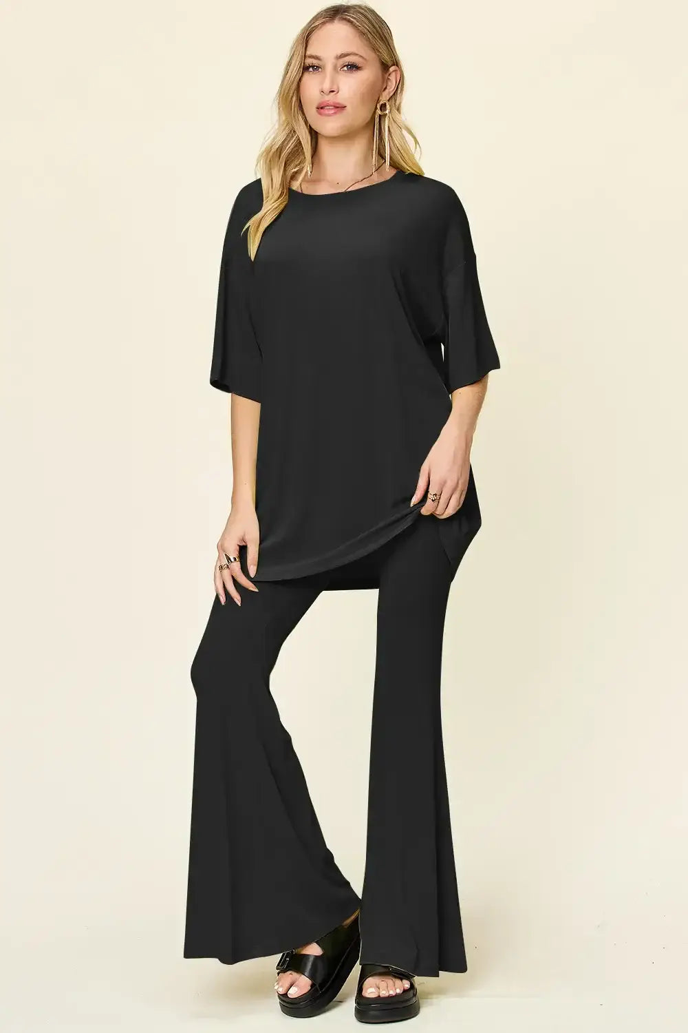 Double Take Full Size Round Neck Drop Shoulder T-Shirt and Flare Pants Set - Black / S