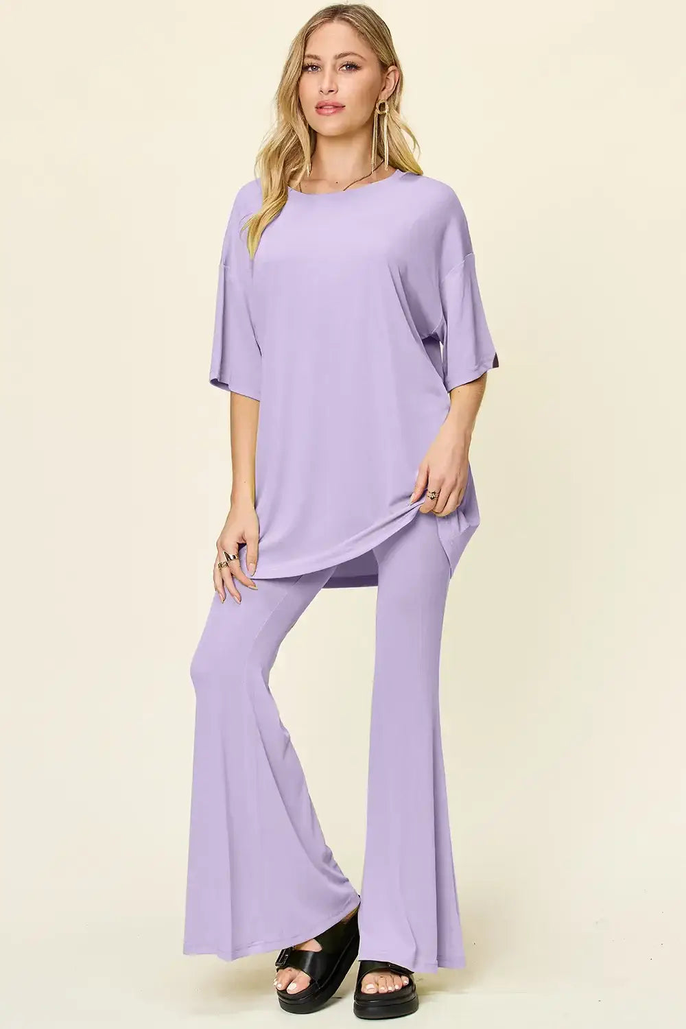 Double Take Full Size Round Neck Drop Shoulder T-Shirt and Flare Pants Set - Lavender / S