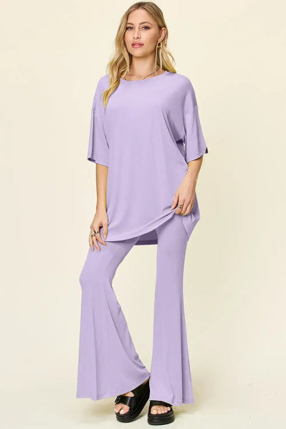 Double Take Full Size Round Neck Drop Shoulder T-Shirt and Flare Pants Set - Lavender / S
