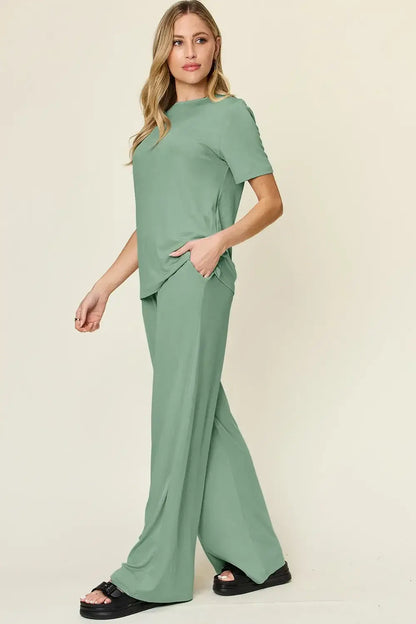 Sage green wide leg pants set with round neck short sleeve top and wide-leg design