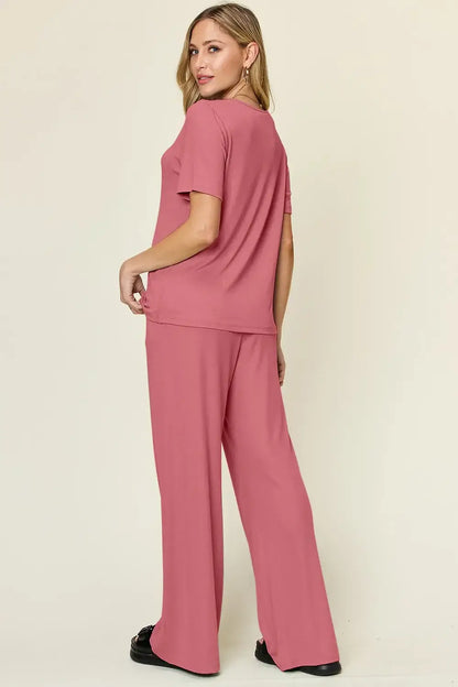 Rose pink jumpsuit with wide leg pants and short-sleeved top from Double Take set
