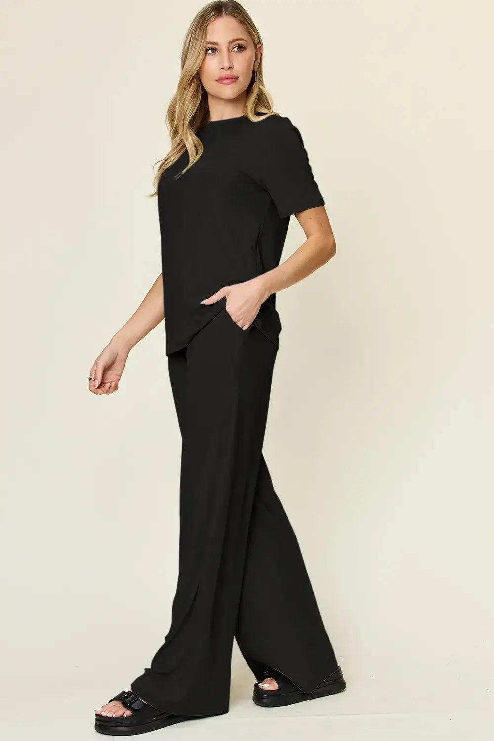 Black wide leg pants set with pockets and short sleeves from Double Take collection
