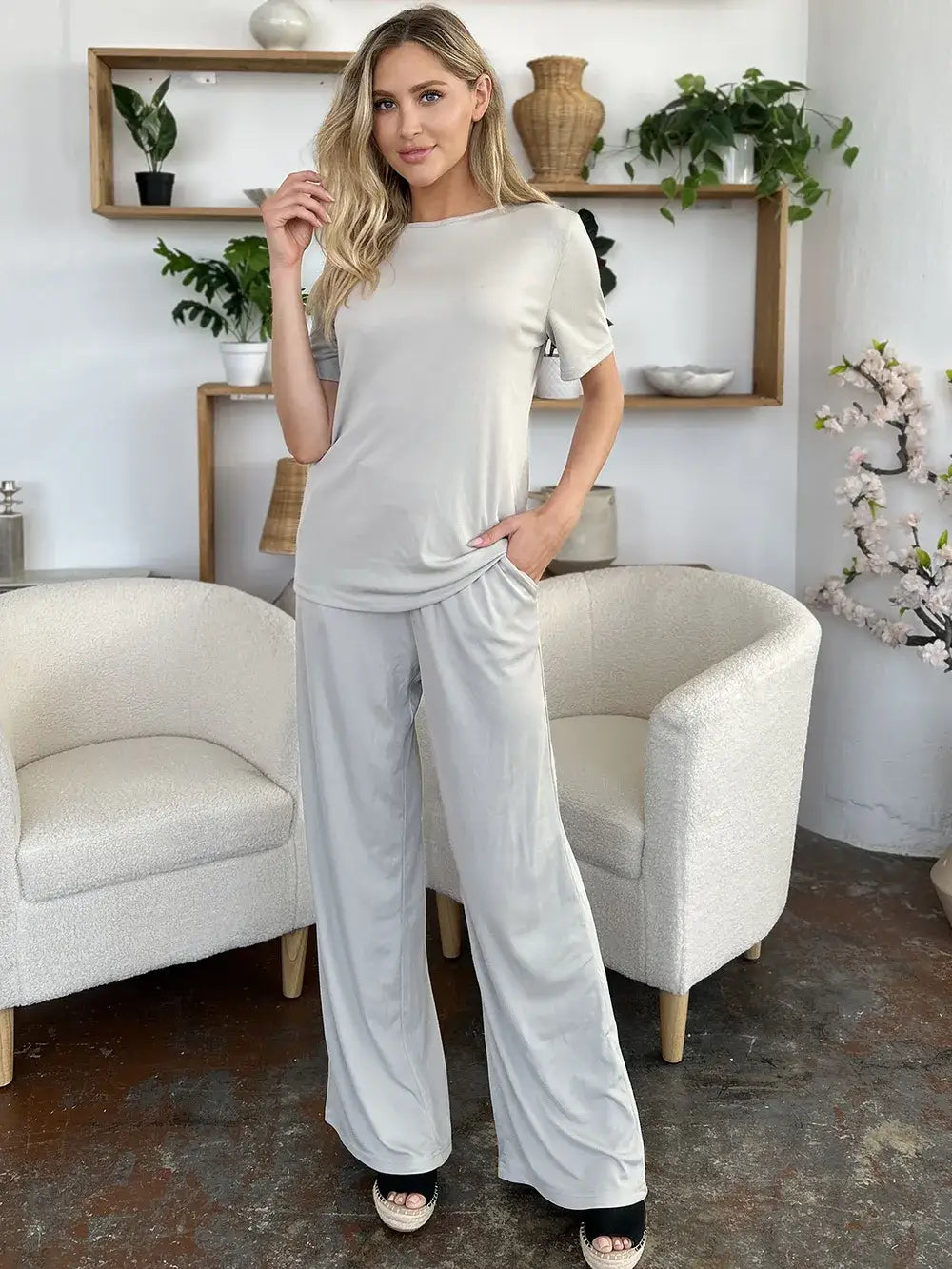 Light gray loungewear set with wide leg pants and drawstring waist for relaxed comfort