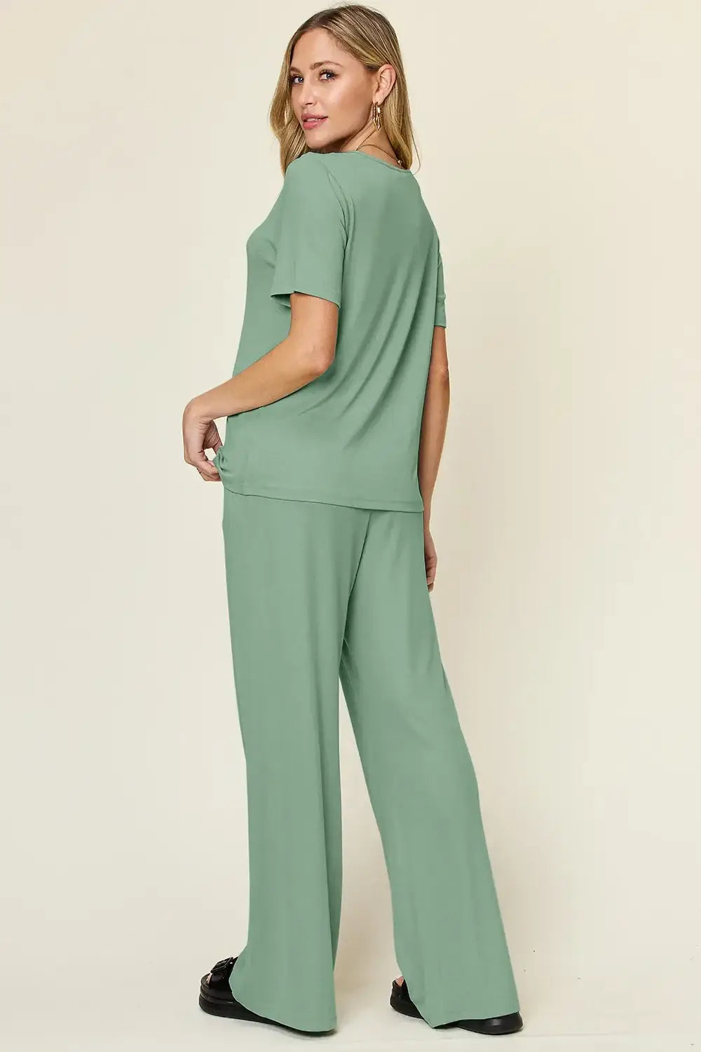 Mint green wide leg pants set with short sleeve top, soft fabric, perfect for style