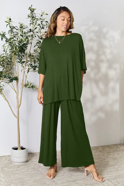 Double Take Full Size Round Neck Slit Top and Pants Set - Army Green / S