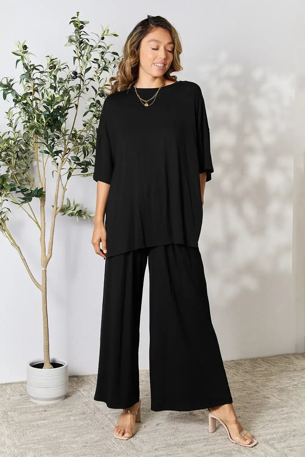 Double Take Full Size Round Neck Slit Top and Pants Set - Black / S