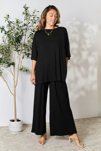 Double Take Full Size Round Neck Slit Top and Pants Set - Black / S