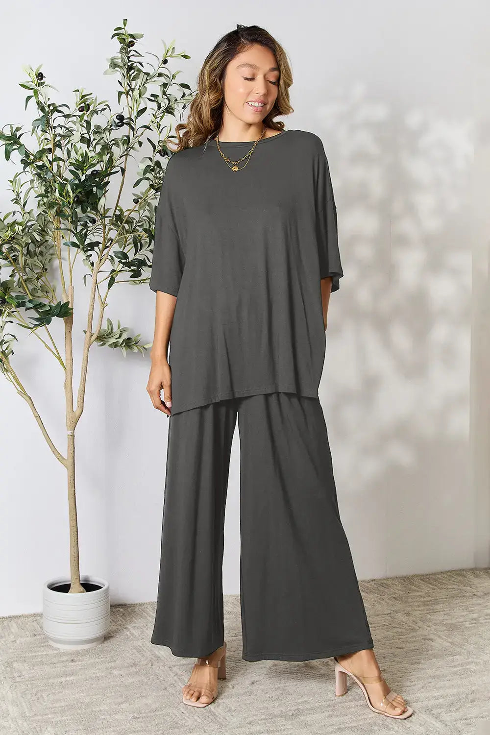 Double Take Full Size Round Neck Slit Top and Pants Set - Dark Gray / S