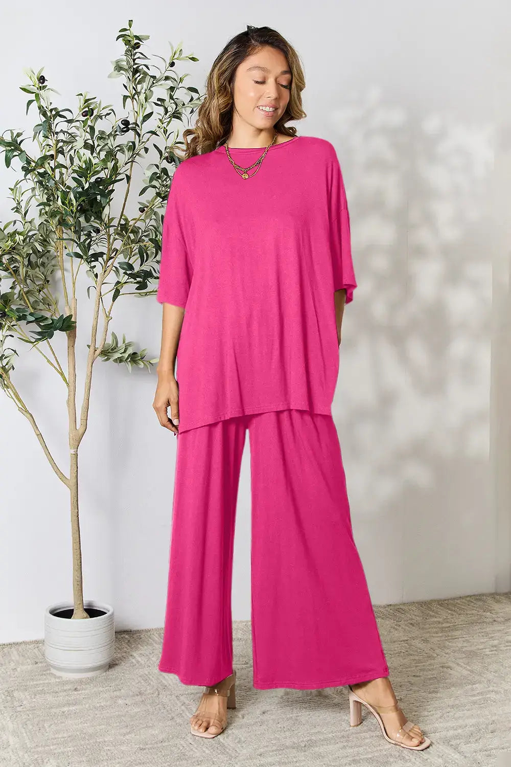 Double Take Full Size Round Neck Slit Top and Pants Set - Hot Pink / S