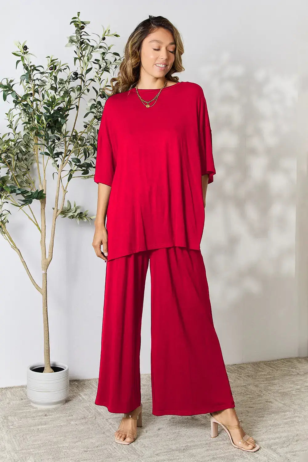 Double Take Full Size Round Neck Slit Top and Pants Set - Red / S