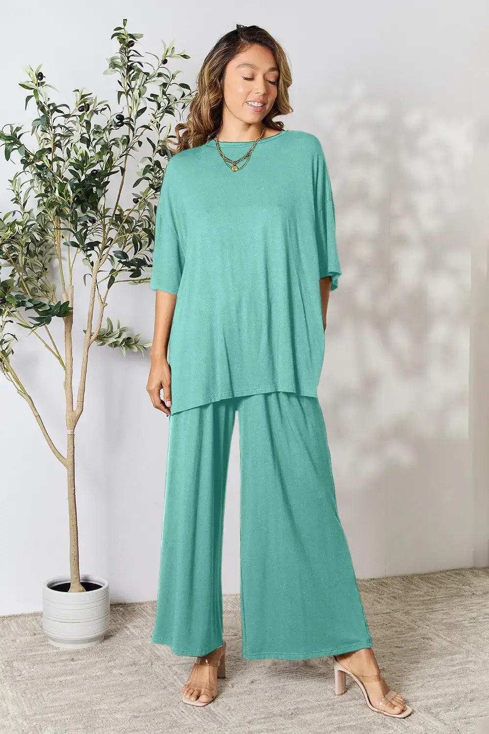 Double Take Full Size Round Neck Slit Top and Pants Set - Teal / S