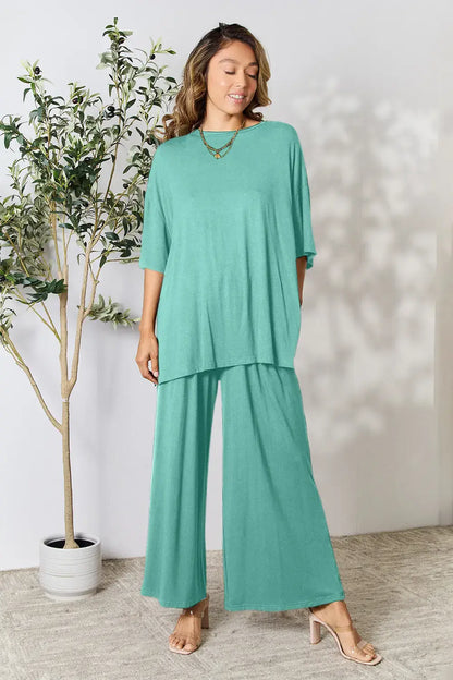 Double Take Full Size Round Neck Slit Top and Pants Set - Teal / S