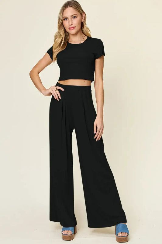 Double Take Full Size Round Neck Top and Pants Set - Black / S