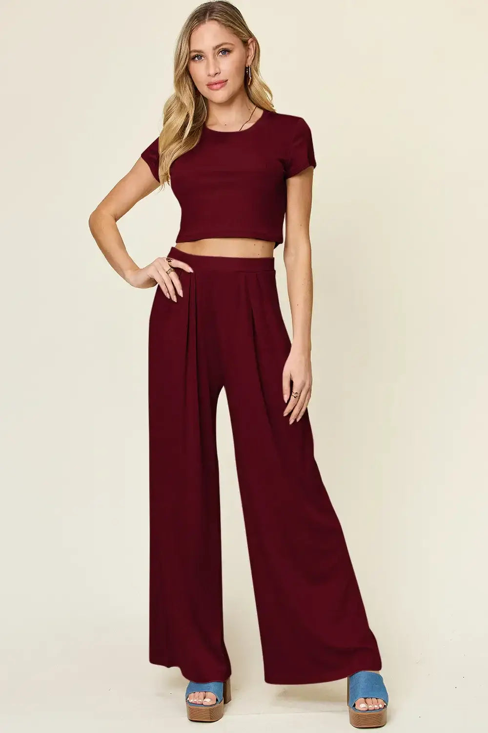 Double Take Full Size Round Neck Top and Pants Set - Burgundy / S