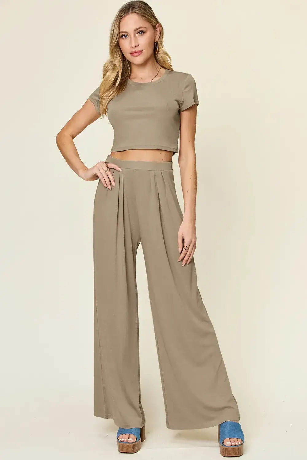 Double Take Full Size Round Neck Top and Pants Set - Mocha / S