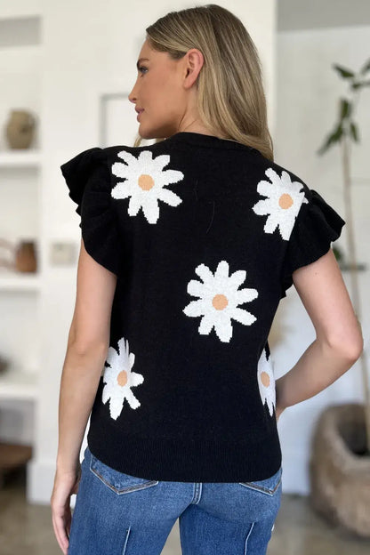Double Take Full Size Ruffled Flower Round Neck Cap Sleeve Sweater - Round Neck Cap Sleeve Sweater