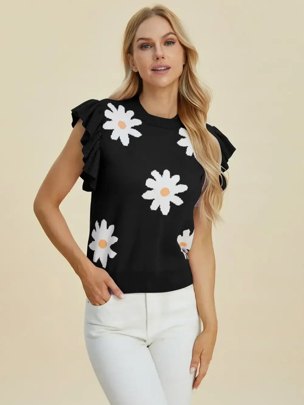 Double Take Full Size Ruffled Flower Round Neck Cap Sleeve Sweater - Round Neck Cap Sleeve Sweater