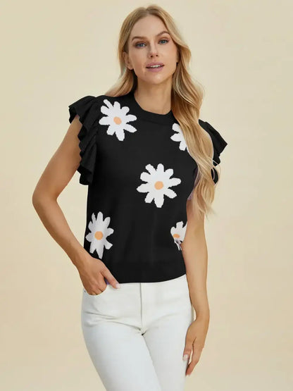Double Take Full Size Ruffled Flower Round Neck Cap Sleeve Sweater - Round Neck Cap Sleeve Sweater