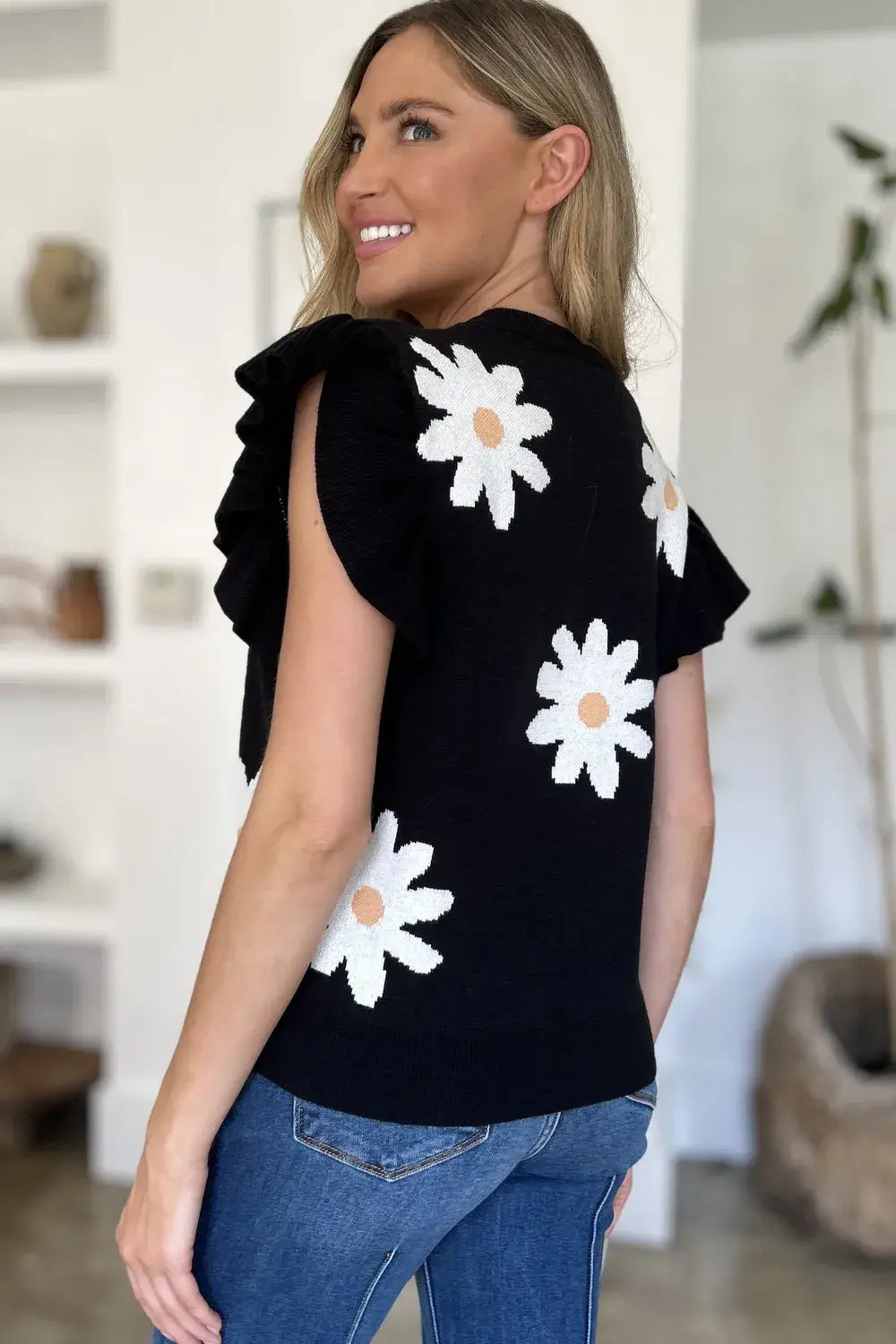 Double Take Full Size Ruffled Flower Round Neck Cap Sleeve Sweater - Round Neck Cap Sleeve Sweater