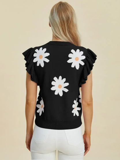 Double Take Full Size Ruffled Flower Round Neck Cap Sleeve Sweater - Round Neck Cap Sleeve Sweater