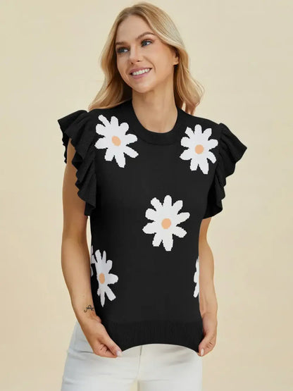 Double Take Full Size Ruffled Flower Round Neck Cap Sleeve Sweater - Black / S - Round Neck Cap Sleeve Sweater