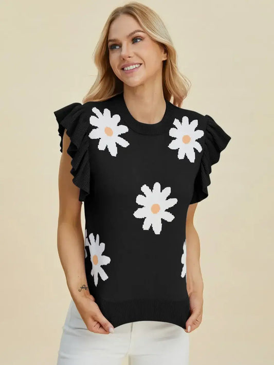 Double Take Full Size Ruffled Flower Round Neck Cap Sleeve Sweater - Black / S - Round Neck Cap Sleeve Sweater