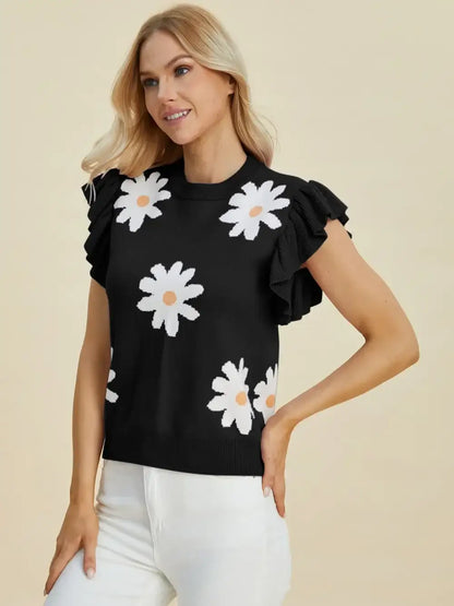 Double Take Full Size Ruffled Flower Round Neck Cap Sleeve Sweater - Round Neck Cap Sleeve Sweater