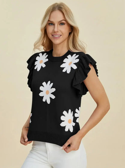 Double Take Full Size Ruffled Flower Round Neck Cap Sleeve Sweater - Round Neck Cap Sleeve Sweater