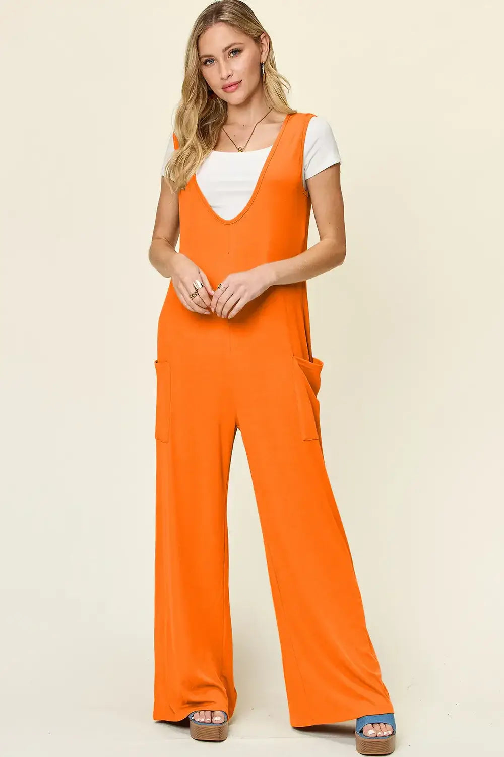 Double Take Full Size Sleeveless Wide Leg Jumpsuit with Pockets - Tangerine / S