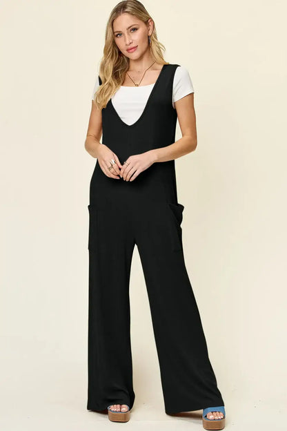 Double Take Full Size Sleeveless Wide Leg Jumpsuit with Pockets - Black / S