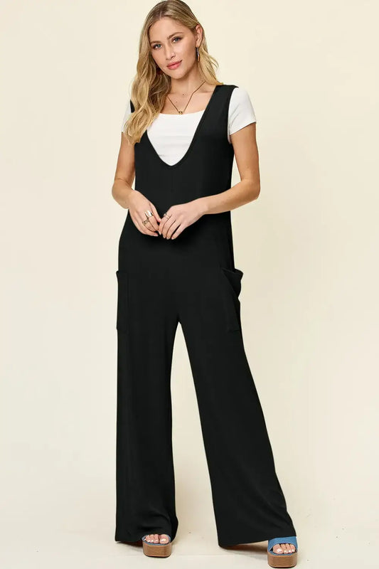 Double Take Full Size Sleeveless Wide Leg Jumpsuit with Pockets - Black / S