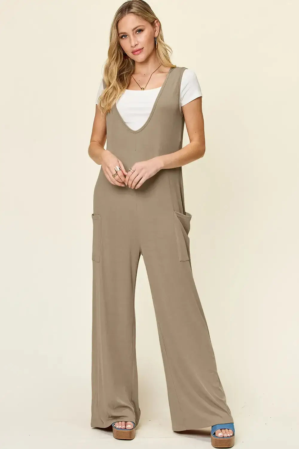 Double Take Full Size Sleeveless Wide Leg Jumpsuit with Pockets - Mocha / S