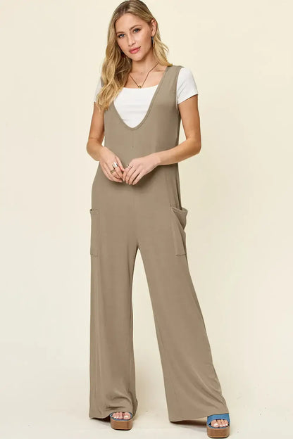 Double Take Full Size Sleeveless Wide Leg Jumpsuit with Pockets - Mocha / S