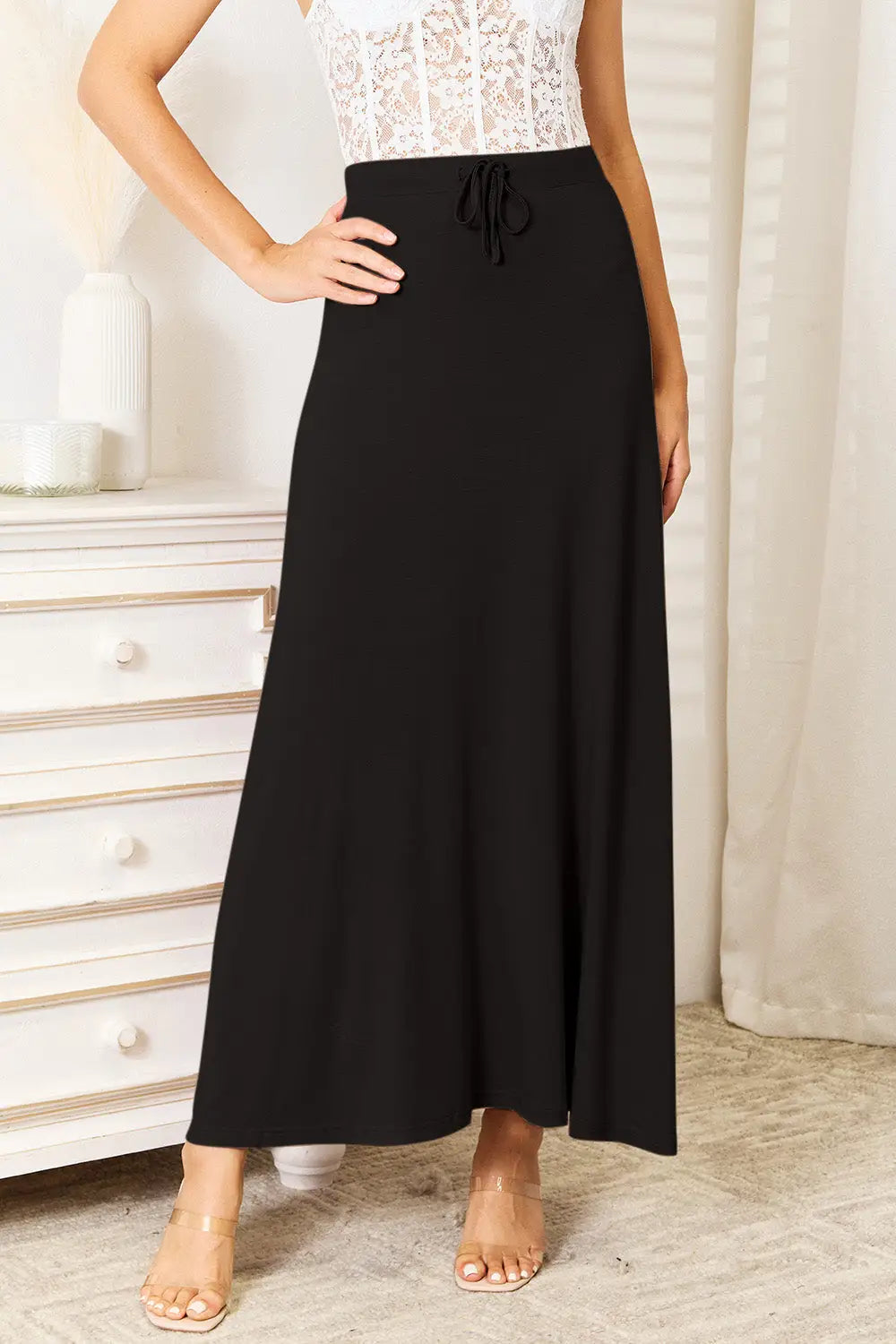 Double Take Full Size Soft Rayon Drawstring Waist Maxi Skirt - Black / S