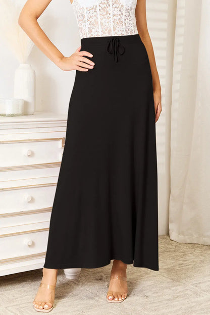 Double Take Full Size Soft Rayon Drawstring Waist Maxi Skirt - Black / S