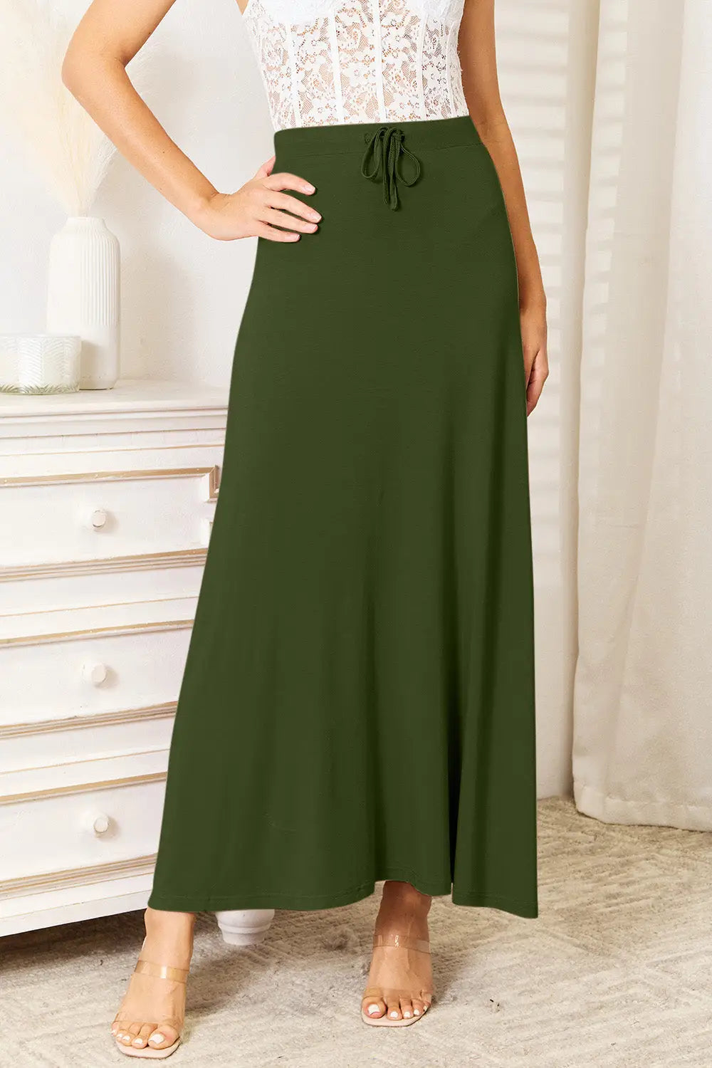 Double Take Full Size Soft Rayon Drawstring Waist Maxi Skirt - Dark Green / S