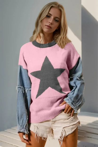 Double Take Full Size Star Pattern Raw Edge Long Sleeve Sweater - Blush Pink / S/M - Apparel & Accessories > Clothing >