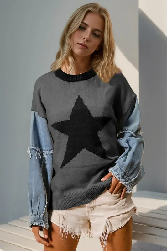 Double Take Full Size Star Pattern Raw Edge Long Sleeve Sweater - Dark Gray / S/M - Apparel & Accessories > Clothing >