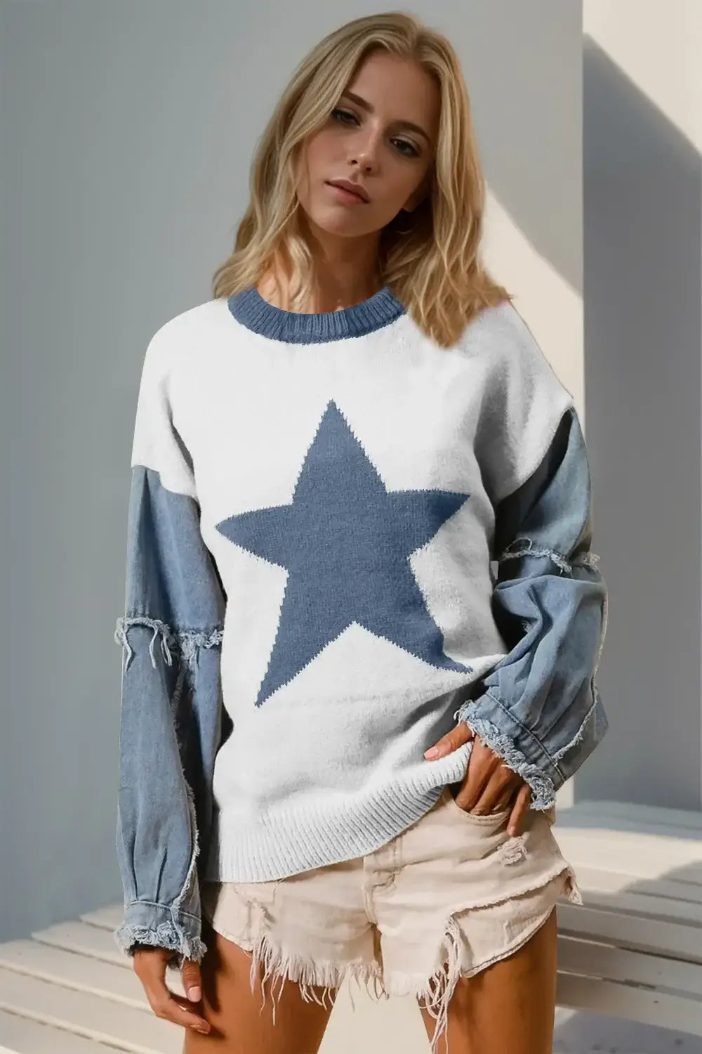 Double Take Full Size Star Pattern Raw Edge Long Sleeve Sweater - White / S/M - Apparel & Accessories > Clothing >