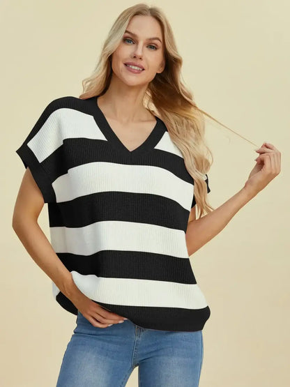 Double Take Full Size Striped V-Neck Short Sleeve Sweater - Black / S
